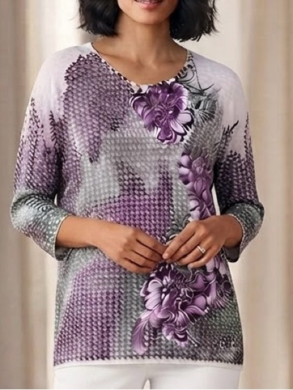 Chico's Purple Floral Houndstooth Knit 3/4 Sleeve Top Size 2 (Large)
